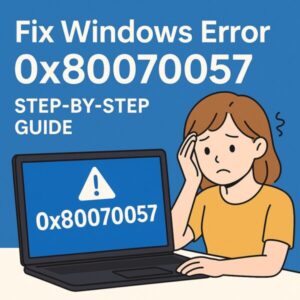 A worried user looking at a Windows PC displaying error code “0x80070057” on screen, with a blue background and bold text saying “Fix Windows Error 0x80070057 – Step-by-Step Guide”.