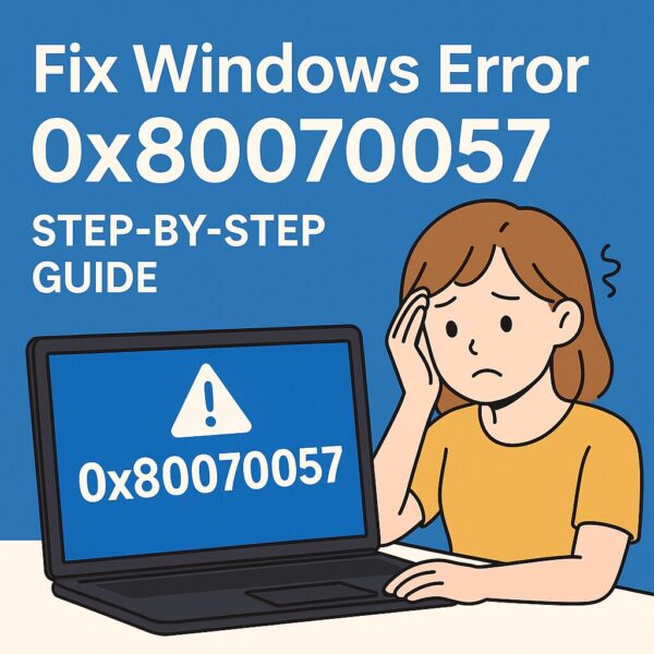 A worried user looking at a Windows PC displaying error code “0x80070057” on screen, with a blue background and bold text saying “Fix Windows Error 0x80070057 – Step-by-Step Guide”.