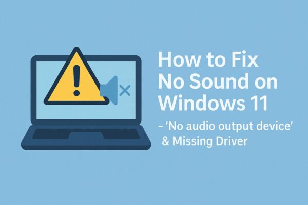 Fix “No Audio Driver Found” or “No Sound” Issue on Windows 11: A Complete Step-by-Step Guide (2025) 1 A digital graphic illustrating a Windows 11 laptop with a red “No Sound” icon, representing a troubleshooting guide for missing audio drivers.