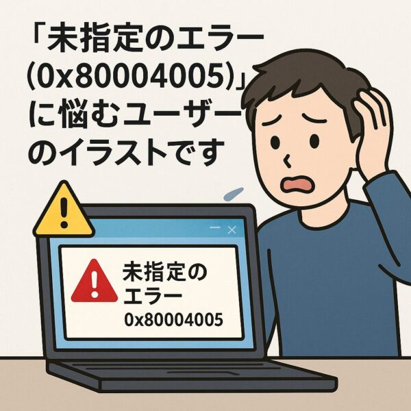 Windowsエラー「0x80004005」に悩むユーザーのイラスト。警告マークと困惑した表情。