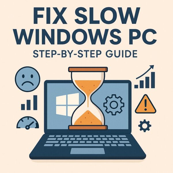 A digital illustration showing the title “Fix Slow Windows PC – Step-by-Step Guide” with a laptop displaying the Windows logo and an hourglass on the screen, surrounded by icons representing slow performance, system alerts, and optimization.