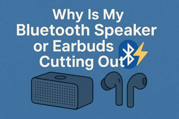 Why Is My Bluetooth Speaker or Earbuds Cutting Out? 7+ Proven Fixes (2025 Edition) 1 Illustration of a Bluetooth speaker, wireless earbuds, and a lightning bolt symbol on a blue background, with the title text “Why Is My Bluetooth Speaker or Earbuds Cutting Out?” displayed prominently.