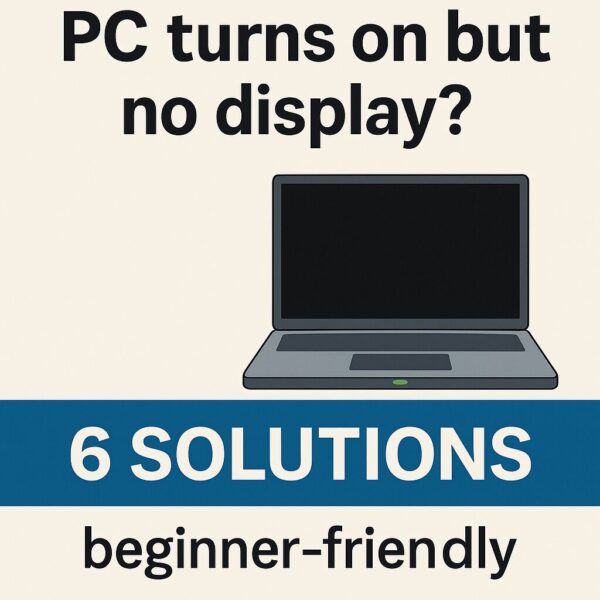 Illustration of a laptop with a black screen and the title “PC turns on but no display?” above it. Below the laptop is a blue banner stating “6 SOLUTIONS” and “beginner-friendly” in bold black text, indicating a troubleshooting guide.