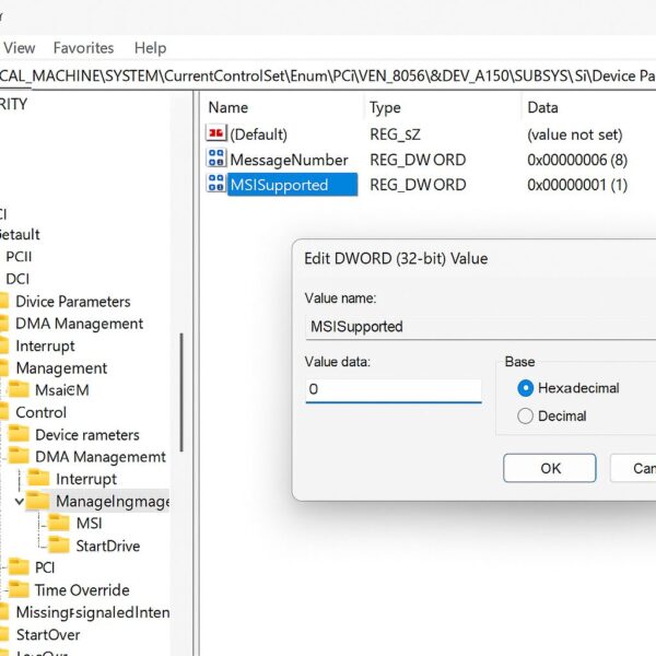 How I Fixed 100% Disk Usage on My Windows 11 Laptop (Fujitsu LIFEBOOK) 3 A clear screenshot of the Windows Registry Editor showing the DWORD value editor for “MSISupported” with the value data set to 0, inside the “MessageSignaledInterruptProperties” key.