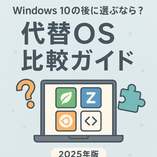 「Windows 10の後に選ぶなら？代替OS比較ガイド」と書かれたバナー画像。中央のノートパソコン画面に、Linux Mint・Zorin OS・Ubuntu・ReactOSのロゴが並び、周囲にパズルや疑問符のアイコンが配置されたやさしい配色のデザイン。