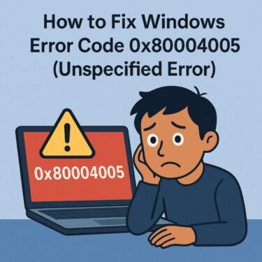 A frustrated user sitting at a desk with a laptop showing the error code 0x80004005 in red, with a warning icon and a worried expression on the user’s face.