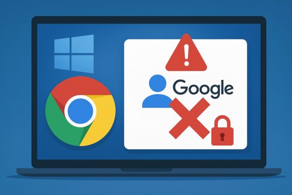 A digital illustration showing a Google account warning icon, Chrome logo, and red alert mark on a Windows-style background, representing account hacking and security risks.
