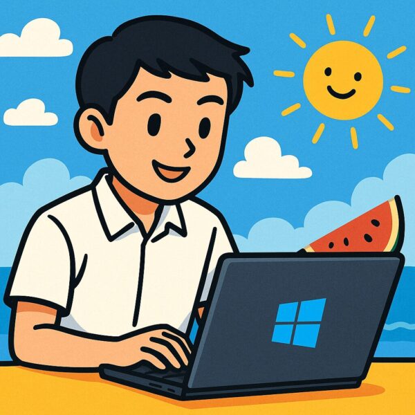 夏の青空の下、白いシャツを着た高校生の男の子がWindowsノートパソコンで自由研究に取り組んでいる様子。背景には笑顔の太陽とスイカが描かれている。