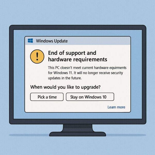 A computer screen showing a Windows Update notification about end-of-support and hardware requirements, offering upgrade timing options to the user.