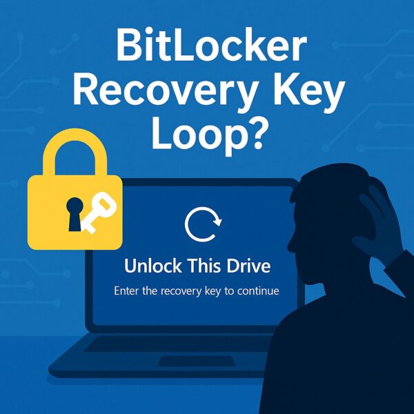 Illustration showing a large yellow padlock and a frustrated user silhouette in front of a laptop screen displaying a BitLocker recovery message with the text “BitLocker Recovery Key Loop?”