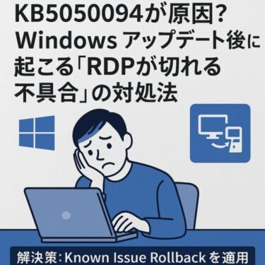 Windows 11のRDP（リモートデスクトップ）接続が切断される不具合について、日本語で詳細な対処法を解説するイメージ。青と白を基調とした配色で、警告アイコンとPC操作中のイラストが含まれている。