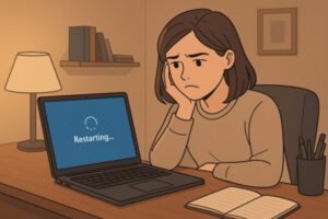 Why Does Windows Restart Automatically? Causes and Fixes Explained Step-by-Step 1 A young woman sitting at her desk, looking frustrated as her laptop displays “Restarting…”. A cozy home office setting with dim lighting, showing the moment her work was interrupted by an unexpected system reboot.