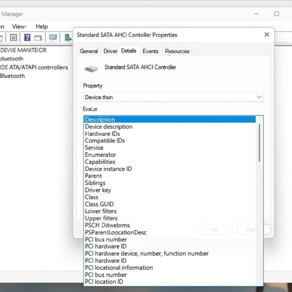 How I Fixed 100% Disk Usage on My Windows 11 Laptop (Fujitsu LIFEBOOK) 1 A screenshot of Windows Device Manager showing the “Standard SATA AHCI Controller” properties window with the “Details” tab open and “Device instance path” selected from the dropdown.
