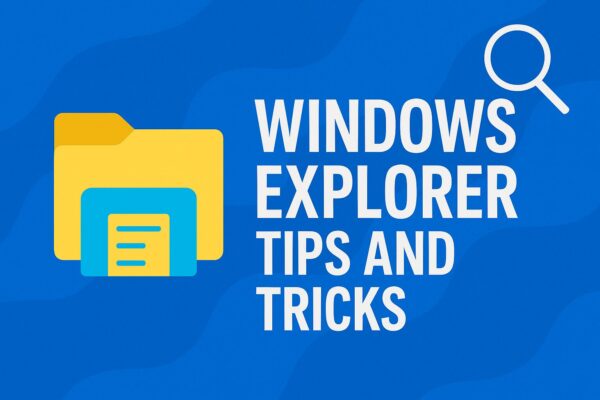 A digital graphic showing a yellow Windows folder icon and magnifying glass, with the text “WINDOWS EXPLORER TIPS AND TRICKS” on a blue wavy background.