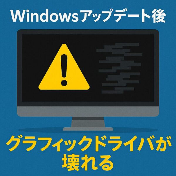 Windowsアップデート後にグラフィックドライバが壊れたことを警告するアイキャッチ画像。中央には黄色い警告マークと崩れた画面表示、上部に「Windowsアップデート後」、下部に「グラフィックドライバが壊れる」という日本語テキストが表示されている。