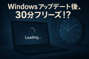 【2025年7月最新】Windowsアップデート後にPCが異常に重い?パスワード入力後30分も待たされる深刻な不具合の対処法 1 暗い部屋でノートパソコンの画面に「Loading…」と表示され、時計が回り続けている