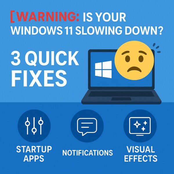 Is Your Windows 11 Running Slow? Fix It with These 3 Simple Settings 1 A blue banner image showing a slow Windows 11 laptop and three icons representing startup apps, notifications, and visual effects settings to fix performance.