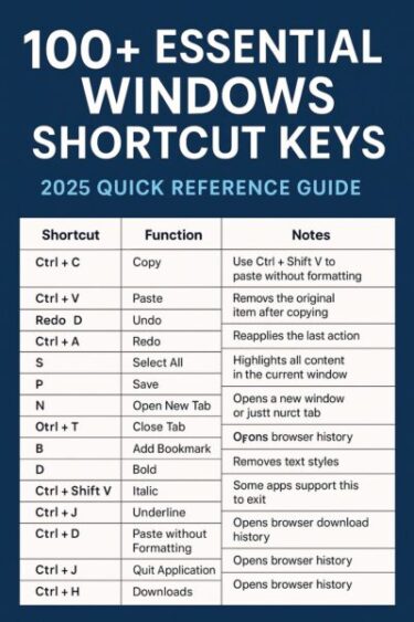 100+ Essential Windows Shortcut Keys – 2025 Quick Reference Guide
