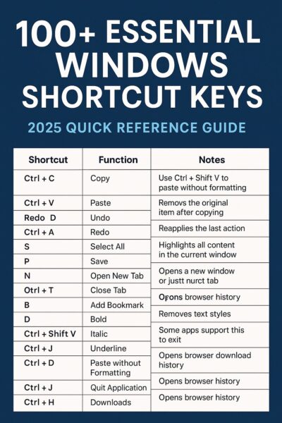 A digital reference image titled "100+ Essential Windows Shortcut Keys – 2025 Quick Reference Guide" showing a shortcut table with keyboard combinations and functions.