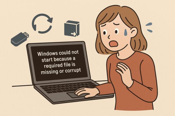 A young woman looks shocked at a laptop showing the error “Windows could not start because a required file is missing or corrupt,” with USB and recovery icons in the background.