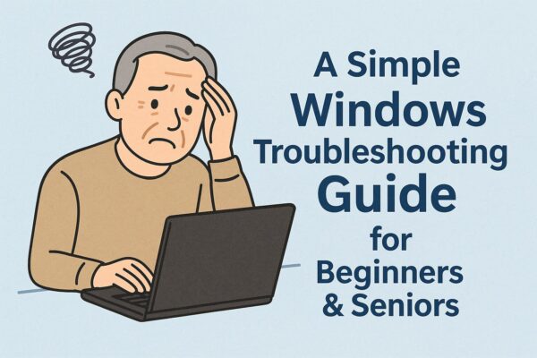 Windows Help Made Easy: A Troubleshooting Guide for Seniors & Beginners 1 Cover image for ‘Windows Help Made Easy: A Troubleshooting Guide for Seniors & Beginners’. An elderly man looks confused at a laptop.”