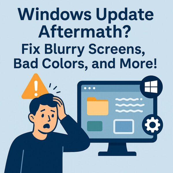 How to Fix Display Issues After Windows Update (2025 Guide) 1 Illustration of a confused user looking at a distorted PC screen after a Windows Update, with icons enlarged and text blurry. Labeled “Fix Display Issues After Update.