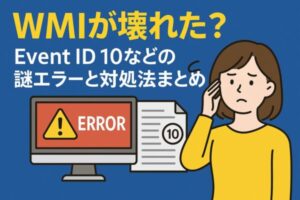 WMIが壊れた?Event ID 10などの謎エラーと対処法まとめ【初心者向けに丁寧解説】 1 「WMIが壊れた?Event ID 10などの謎エラーと対処法まとめ」というタイトルと共に、パソコン画面の「ERROR」警告と戸惑う女性を描いたイラスト。背景はブルー。