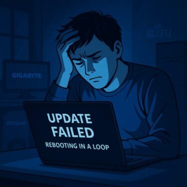 Windowsアップデートに失敗し、ループ状態に陥ったPCを前に頭を抱える男性。画面には「UPDATE FAILED」「REBOOTING IN A LOOP」の文字が表示され、背景にはGIGABYTE、富士通、マウスコンピューターのロゴが暗示的に描かれている。