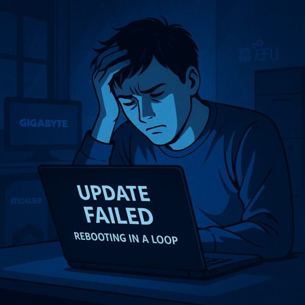 Windowsアップデートに失敗し、ループ状態に陥ったPCを前に頭を抱える男性。画面には「UPDATE FAILED」「REBOOTING IN A LOOP」の文字が表示され、背景にはGIGABYTE、富士通、マウスコンピューターのロゴが暗示的に描かれている。