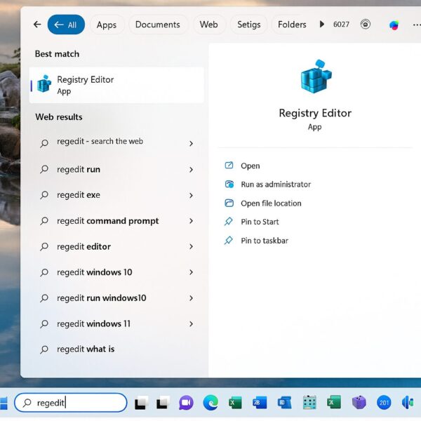 How I Fixed 100% Disk Usage on My Windows 11 Laptop (Fujitsu LIFEBOOK) 2 A Windows 11 search interface showing results for “regedit,” highlighting the Registry Editor app with options like Open, Run as administrator, and Pin to Start.