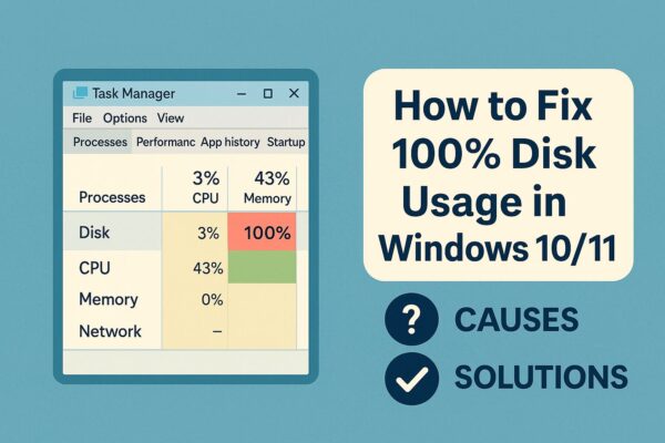 Illustration showing a Windows Task Manager with 100% disk usage, highlighting possible causes and solutions for slow PC performance