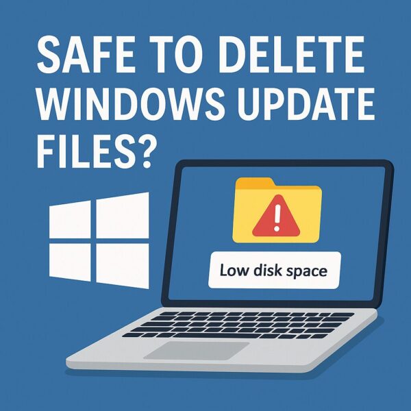 Safe to Delete Windows Update Files? 1 Illustration of a Windows PC showing low disk space warning after system updates