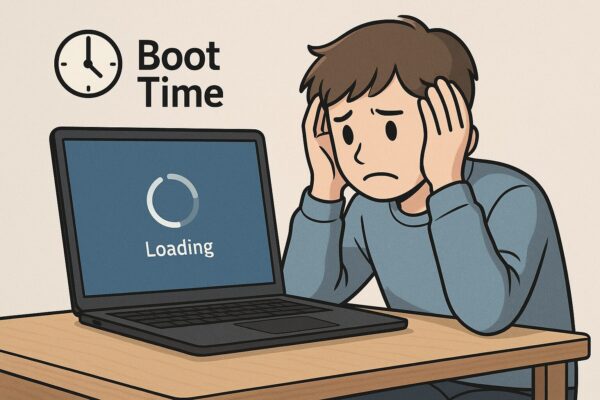 Illustration of a frustrated user waiting for a slow Windows PC to boot up, with a progress bar on the screen