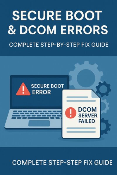 Secure Boot and DCOM Errors in Windows: Detailed Solutions for Boot Loops and Crashes 1 Windows PC with warning signs and gears, one showing “Secure Boot Error”, another showing “DCOM Server Failed”