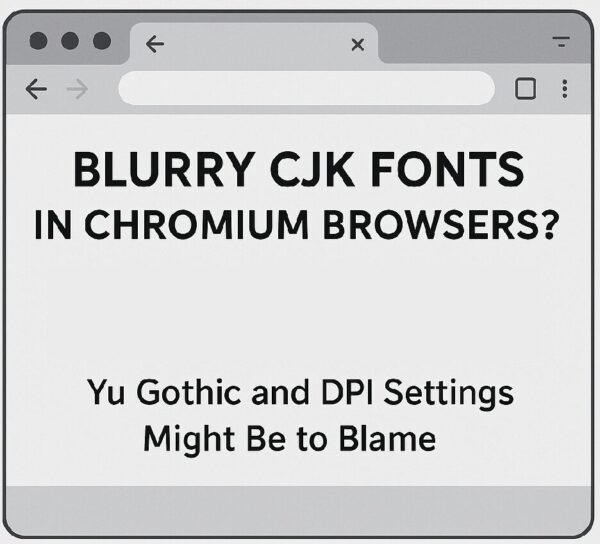 A digital illustration showing a Chromium browser window with a bold English heading and blurred Japanese characters, representing CJK font rendering issues on Windows.