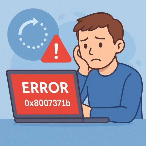 Illustration of a frustrated user facing a Windows Update error 0x8007371b on a laptop screen, with a red warning icon and spinning update symbol in the background.