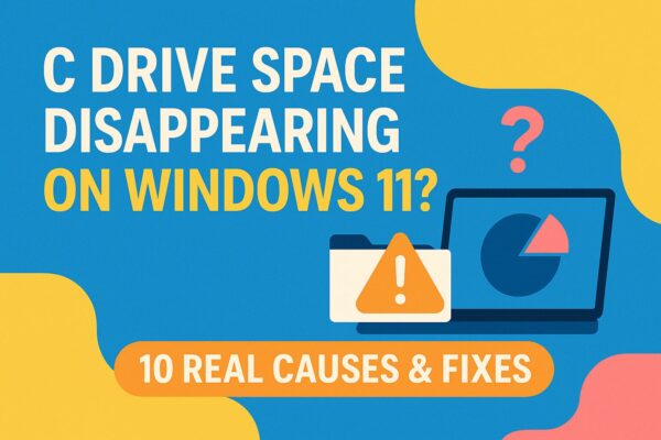 Colorful digital graphic showing “C Drive Space Disappearing on Windows 11?” with a pie chart, warning icon, and the label “10 Real Causes & Fixes.”