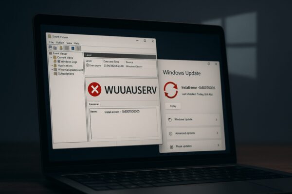 ノートパソコンの画面に「WUUAUSERV」関連のエラーを表示したイベントビューアーの画面。画面には赤い×マークのエラーアイコンと、Windows Updateの設定画面の一部が重なって表示され、背景には少し暗いトーンのWindowsロゴが見える。中級者向けの深掘りを象徴するような少し硬派なイメージ。