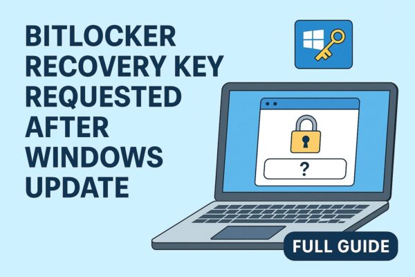 Illustration of a laptop showing a lock screen with a question mark, labeled “BitLocker Recovery Key Requested After Windows Update” with a “Full Guide” badge, on a light blue background.