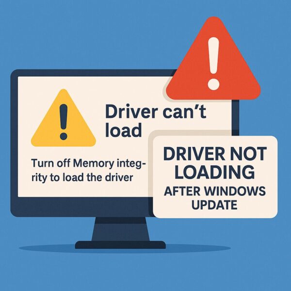 Fix: Drivers Not Loading After Windows Update (Memory Integrity Issue) 1 A warning-themed illustration showing a “Driver can’t load” message on a PC monitor with suggestions to turn off Memory Integrity, highlighting the issue of drivers not loading after a Windows update.
