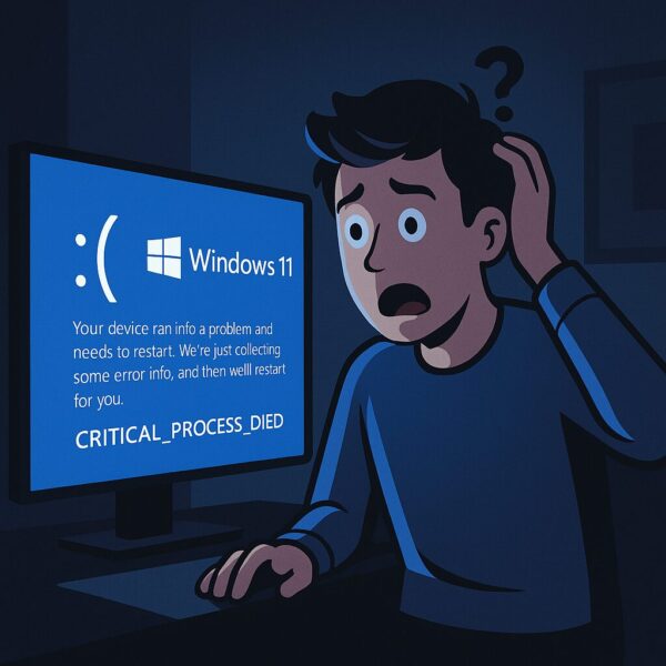 Illustration of a frustrated user facing a Windows 11 Blue Screen (BSoD) with the error message "CRITICAL_PROCESS_DIED" displayed. The user appears confused and shocked in a dim room, highlighting frustration with unexpected PC crashes.