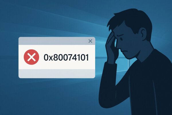 Windowsエラー「0x80074101」によってアプリが起動しない状態を示すイメージ。中央にエラーダイアログと赤い×マーク。