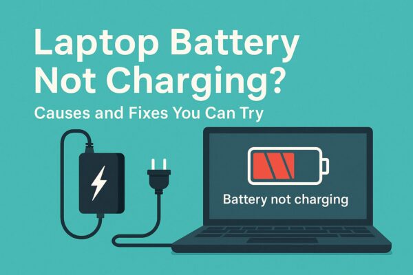 Flat-style illustration showing a laptop with a red low battery icon and the message 'Battery not charging,' alongside a power adapter and the title 'Laptop Battery Not Charging? Causes and Fixes You Can Try' on a turquoise background.