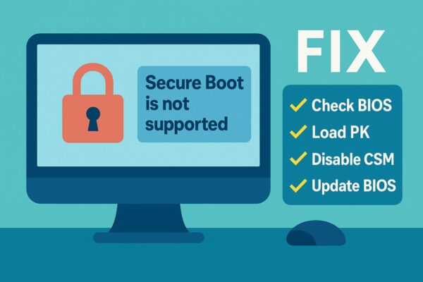 English Article (HTML format, 2025 Updated, Beginner-Friendly) 1 Illustration showing a computer screen with the error message “Secure Boot is not supported” and a checklist with steps like Check BIOS, Load PK, Disable CSM, and Update BIOS, on a turquoise background.