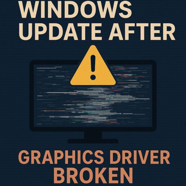 A warning graphic showing a computer monitor with a glitched screen and a yellow caution symbol, labeled with the text "Windows Update After" and "Graphics Driver Broken"—illustrating display failure after a system update.