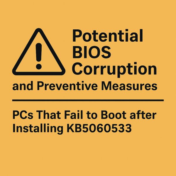 Warning sign highlighting BIOS corruption and PC boot failure after installing Windows update KB5060533. Bold triangle alert icon and text on a yellow background.