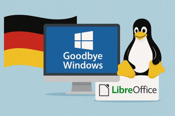 A symbolic illustration showing Germany’s shift from Microsoft Windows to open-source alternatives. The image features a waving German flag, a monitor with the phrase “Goodbye Windows,” and the Linux penguin Tux sitting beside the LibreOffice logo—all on a light blue background.