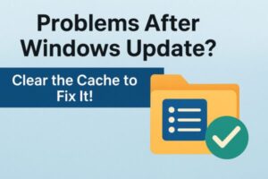Fix Windows Update Problems by Clearing the Cache — Safe and Easy Steps 1 Digital graphic with the title “Problems After Windows Update?” and subtitle “Clear the Cache to Fix It!”, featuring a yellow folder icon with a checklist and a green checkmark. Designed to illustrate Windows Update troubleshooting through cache clearing.