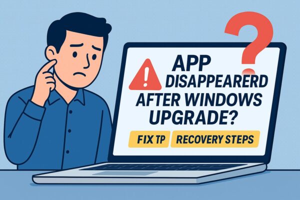 A confused man looking at a warning sign on a laptop screen, with bold text “App Disappeared After Windows Upgrade?” and banners offering fix tips in a clear Japanese-style infographic.