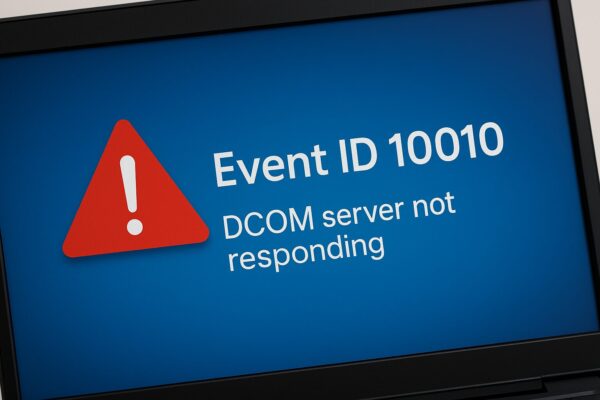 A Windows computer screen showing an Event Viewer error labeled “Event ID 10010” with a red warning triangle and the message “DCOM server not responding.”